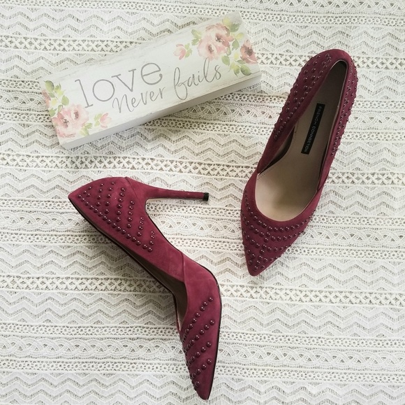 French Connection Shoes - French Connection Maroon Studded Suede 4in Heels